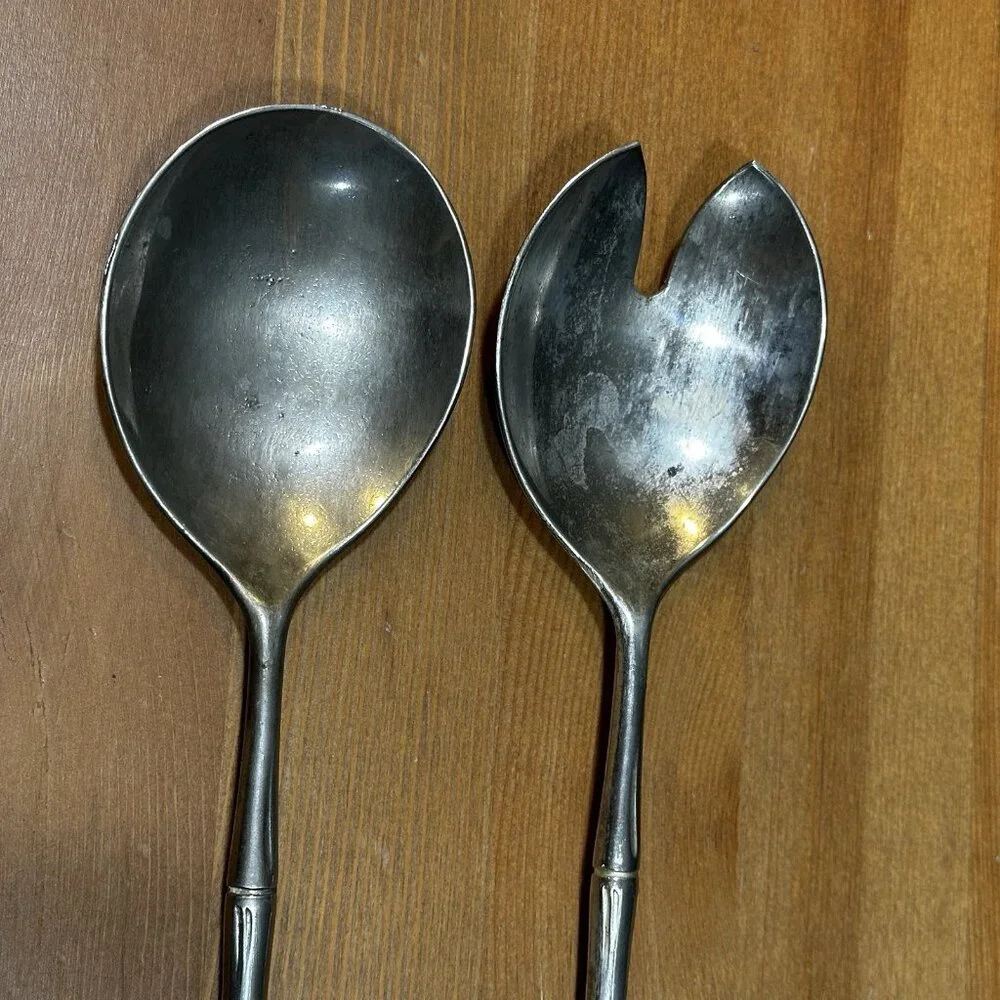 Vintage Italian Bamboo Salad Servers Silverplate Rustic MCM Patina